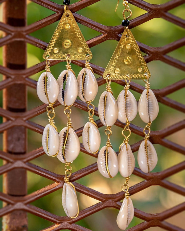 African cowrie Shell chandelier earrings Earring - Leone Culture